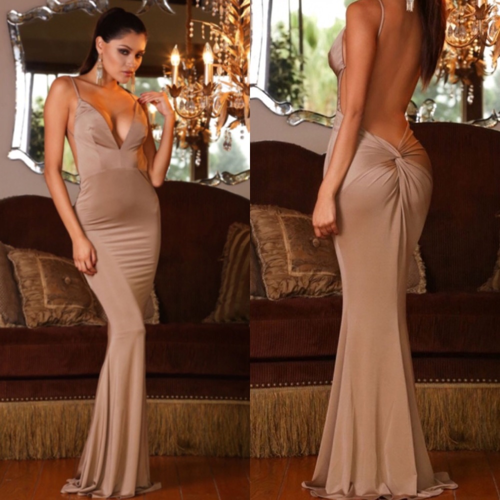 Abbys by Abby- Jolie- Backless Taupe Gown Small